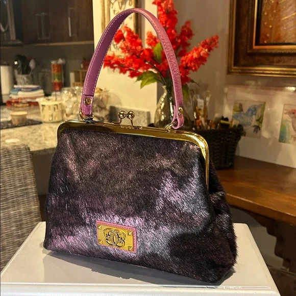 Sharif Purple Long Haired Satchel with Gold Hardware Kisslock 9.5”x7”x2.25” NWT - Picture 3 of 9